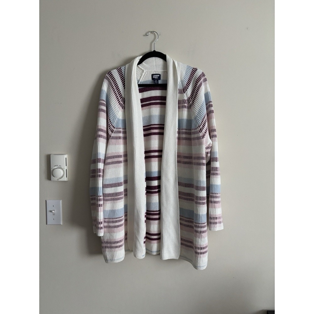 Lands End Plus Size‎ 2X Chunky Knit Cardigan Red Pink White Cotton Striped